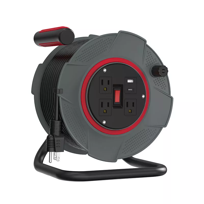 콘센트 3개 USB 플라스틱 코드 릴 80피트